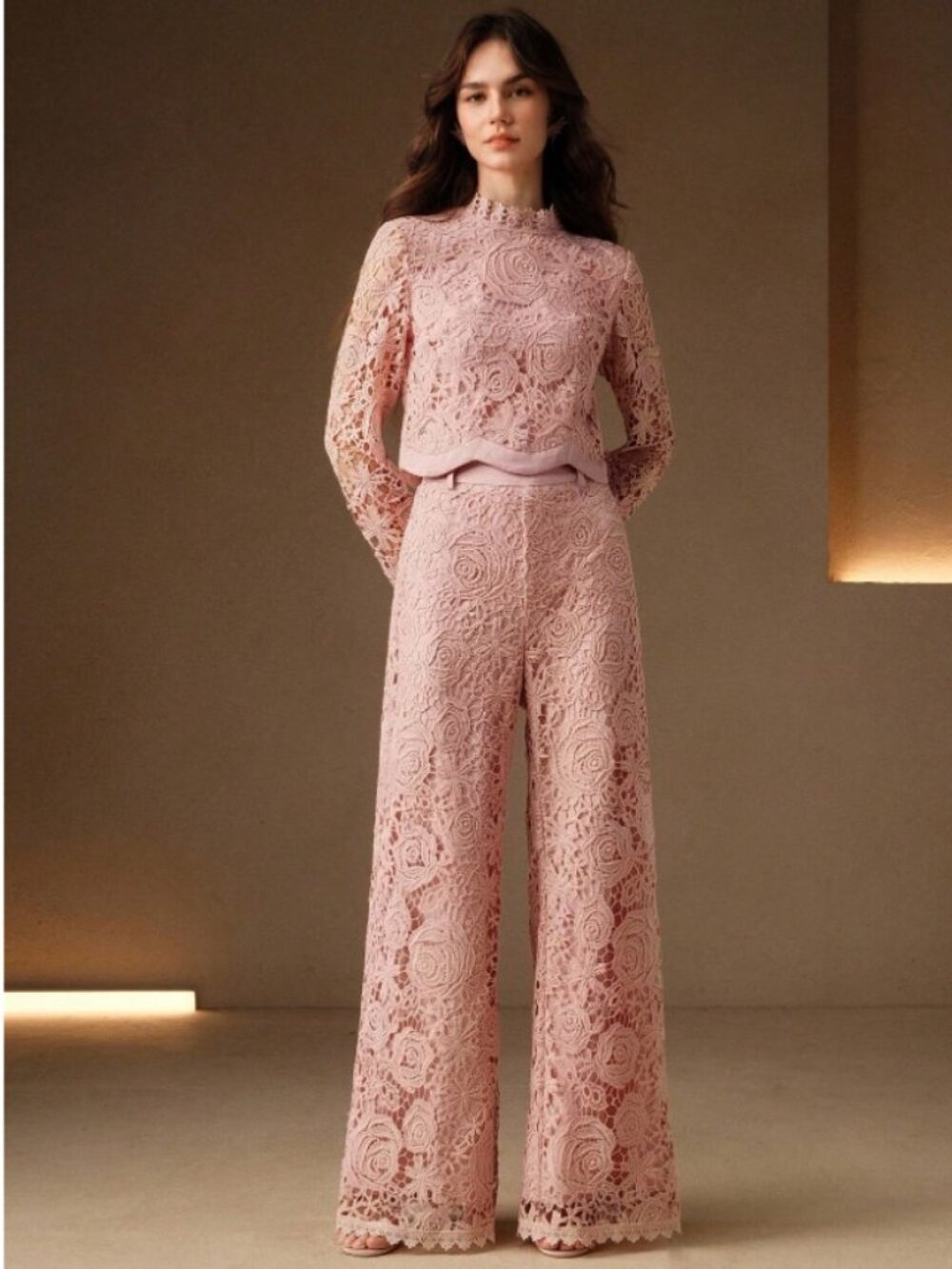 Elegant Pink Lace Wide-Leg Jumpsuit